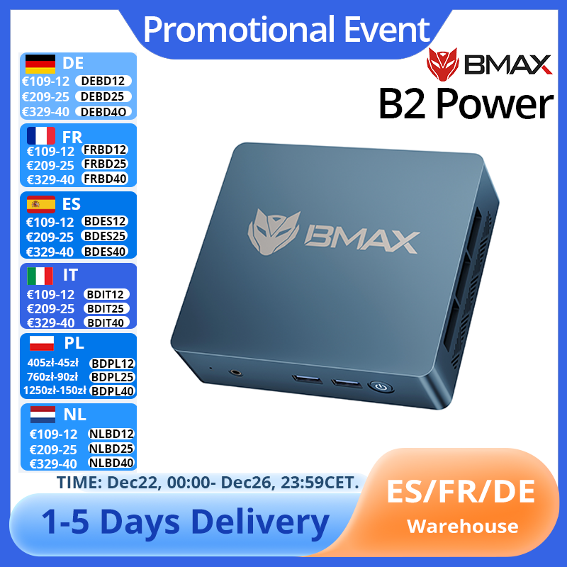BMAX B2 Power Intel 5205U Mini PC 8 GB RAM 256 GB SSD Windows 11 Pro Wi-Fi de Doble Banda Bluetooth 5.0 USB 4 HDMI 1