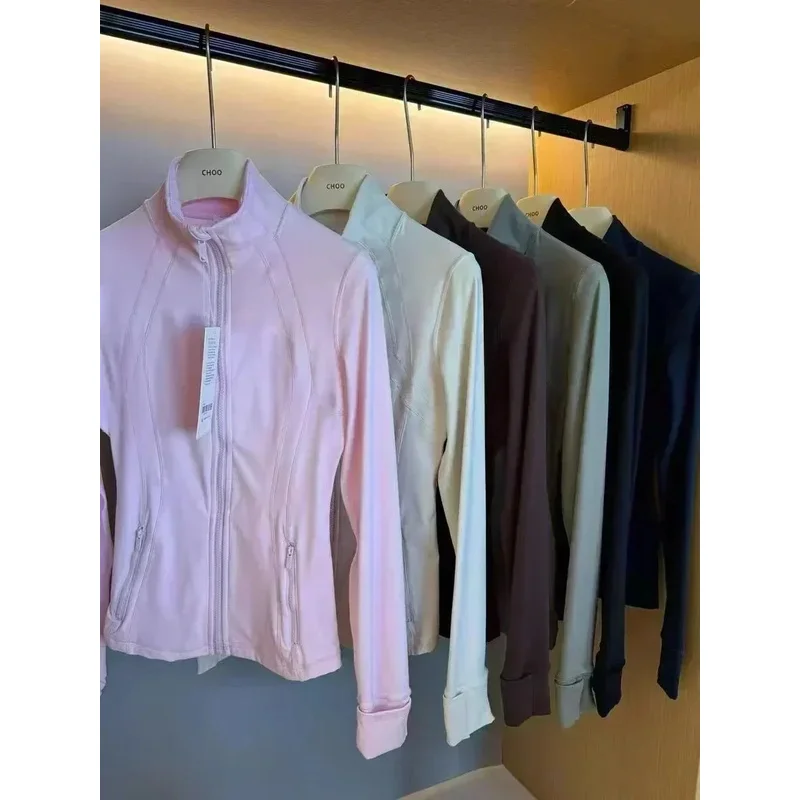 Chaqueta de limón para mujer, ropa de abrigo para gimnasio, Otoño Invierno, cremallera elástica de nailon para correr, Yoga, trotar, chaqueta de lana de manga larga