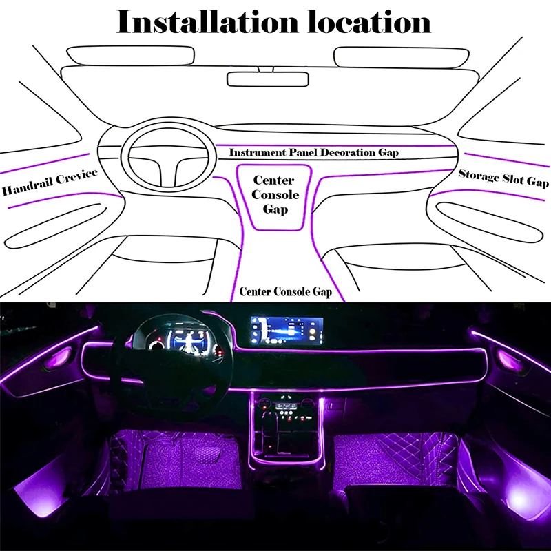 ไฟ EL สายไฟแบบยืดหยุ่นพร้อมการควบคุมแอพ Ambient Atmosphere Strip Light โคมไฟตกแต่ง 12V ภายในรถนีออน RGB Led Strip