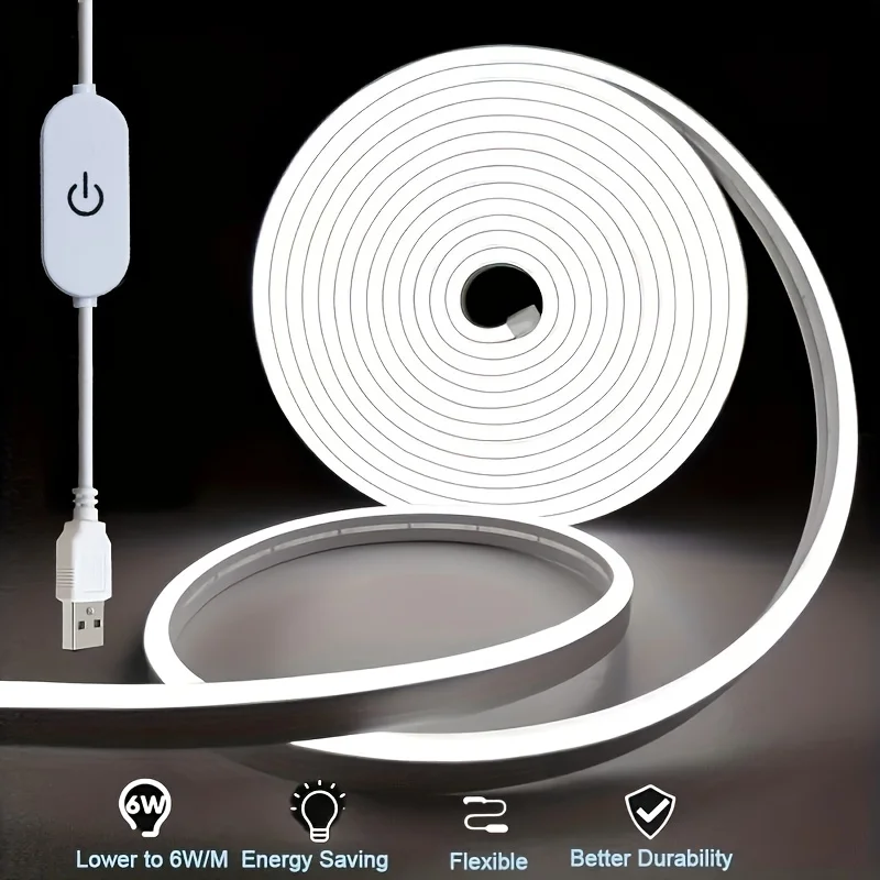Tira de luces LED de neón de silicona, 5V, USB, 3535, Interruptor táctil regulable, cinta Flexible impermeable, lámpara para habitación, decoración del hogar