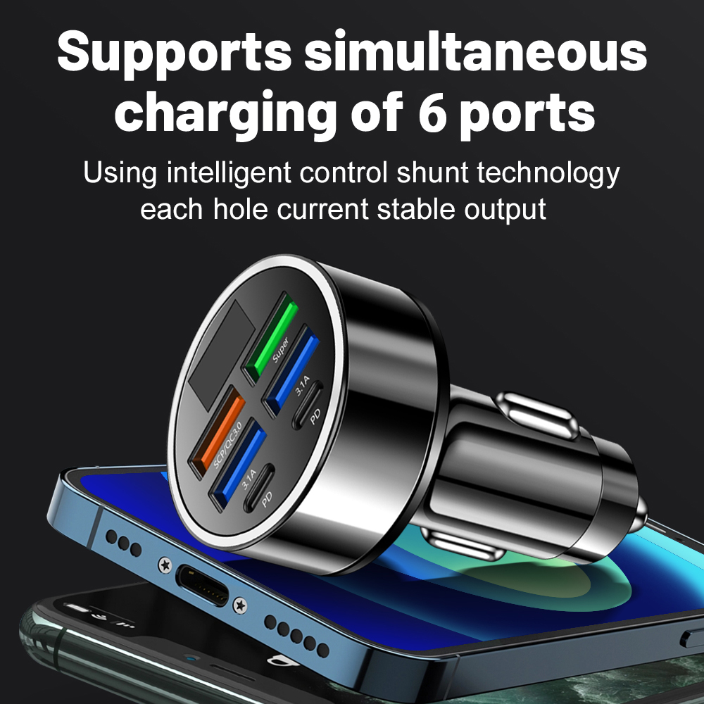 Cargador de coche de 6 puertos de 100W, carga rápida PD QC3.0 USB C, adaptador tipo C para iPhone, Samsung, Xiaomi, Huawei