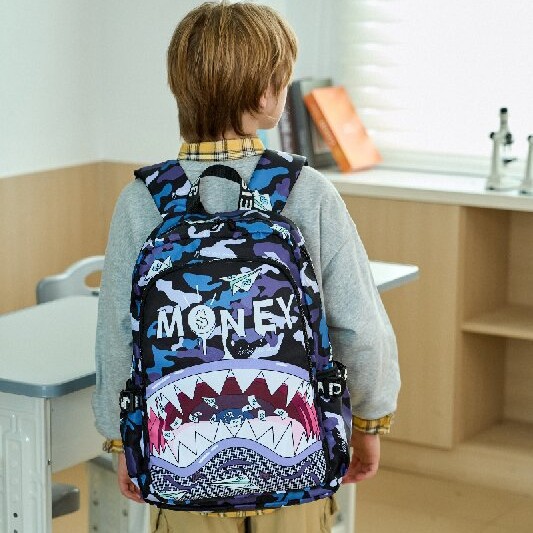 Mochila Mochila de viaje con estampado de tiburones de dibujos animados, Mochila para estudiantes de escuela primaria