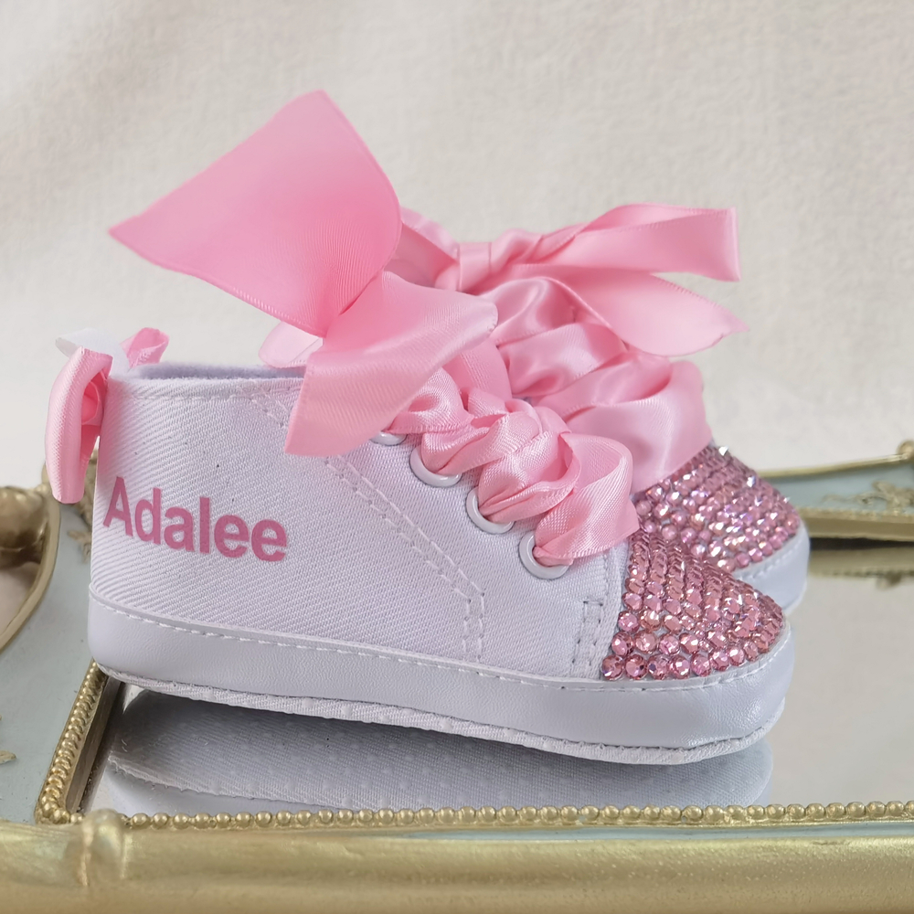 Rosa personalisierte Namens-Babyschuhe für Jungen und Mädchen, erste Wanderschuhe für Kinderzimmer, Deko, glitzernde, individuelle Babyparty-Sneaker