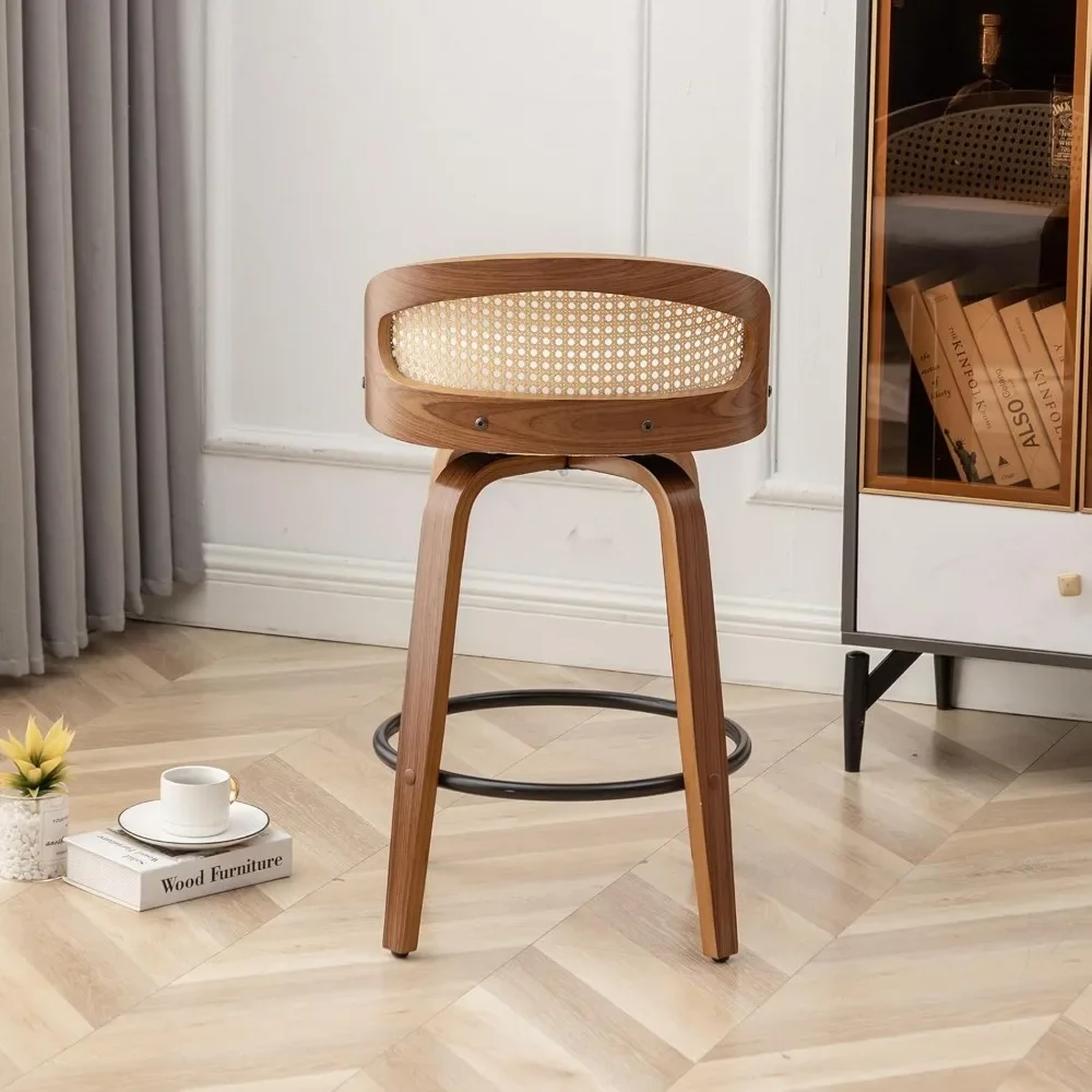 26" Swivel Rattan Bar Stools Set of 2,Mid-Century Modern Beige Linen Fabric Upholstered Counter Height Stools,Kitchen Island