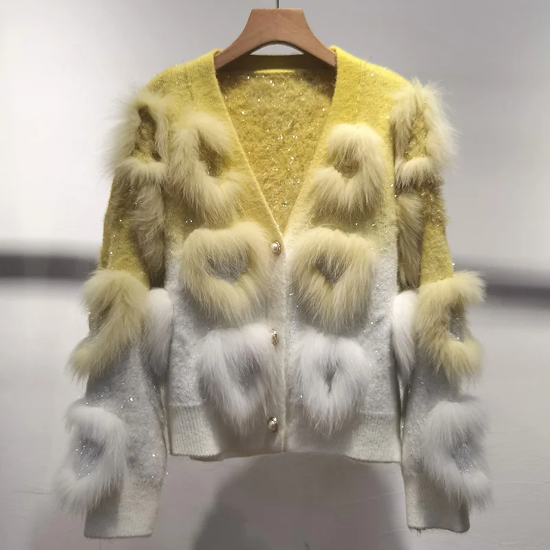 Frauen schöne V-Ausschnitt lose gestrickte Strickjacke mit echtem Fuchs Pelz besatz lose Liebe genäht weibliche Langarm warm Hit Farbe Pullover