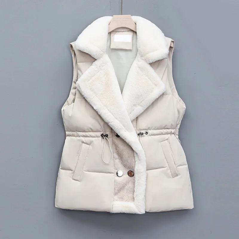 Chaleco de algodón con pelo de cordero para mujer, ropa de abrigo con solapa integrada de piel, otoño e invierno, 2024