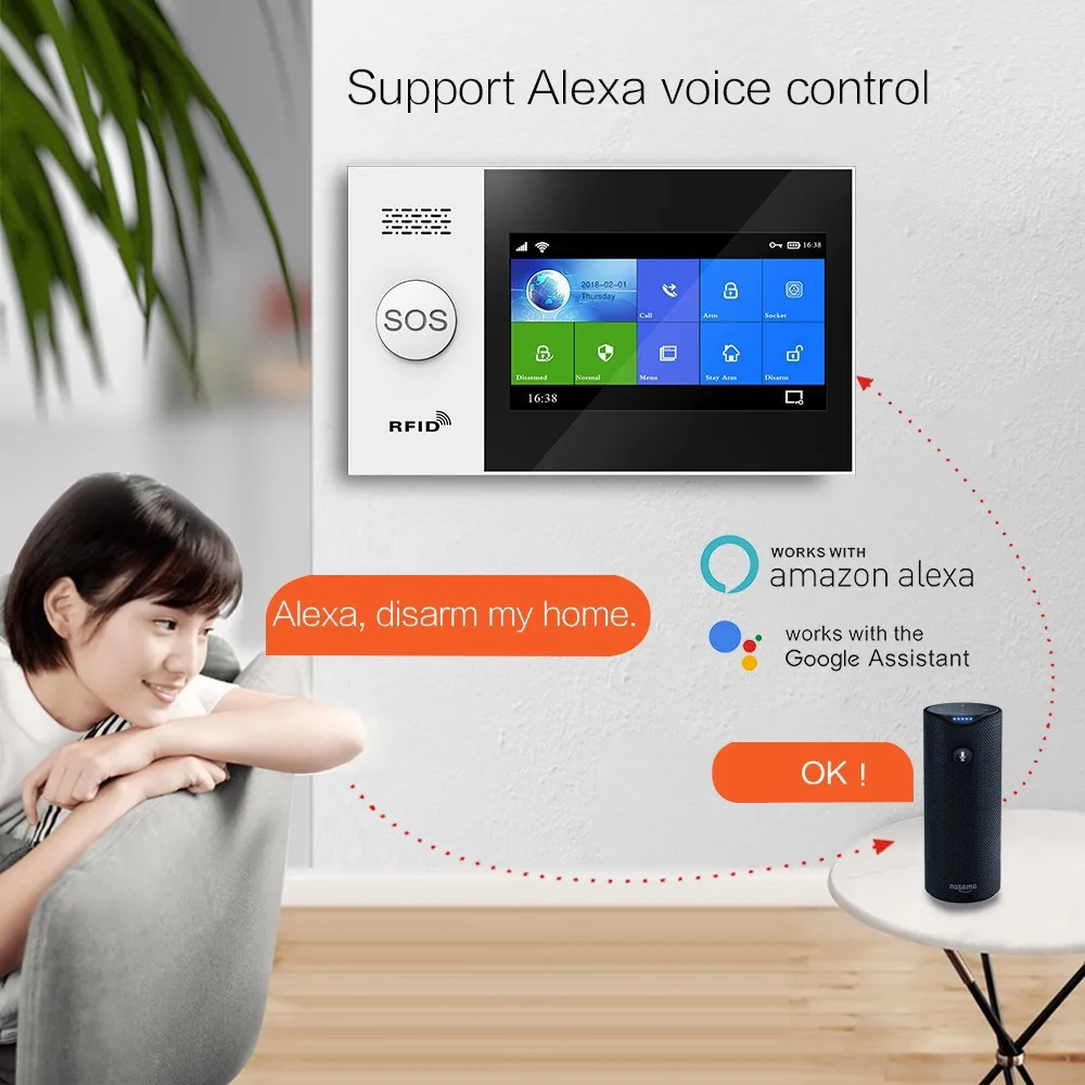 PGST PG-107 4G Wireless Home Alarm System ระบบรักษาความปลอดภัย WiFi 4.3 นิ้ว Full Touch Screen, ใช้งานร่วมกับ Alexa และ Google