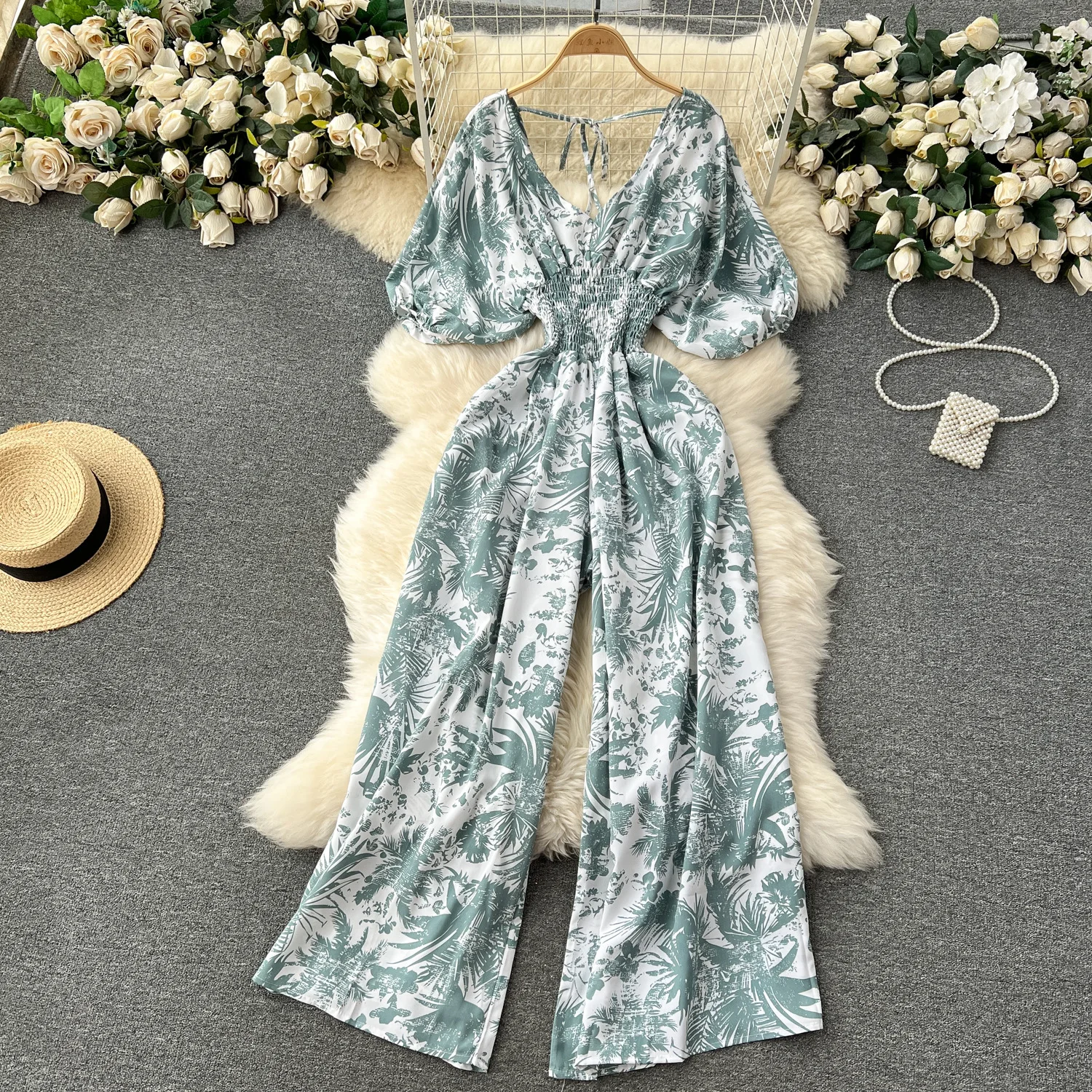 V-ausschnitt Sexy Dolman Ärmeln Taille Schlank Blumen Druck Overall Frauen Breite Bein Hosen Overall