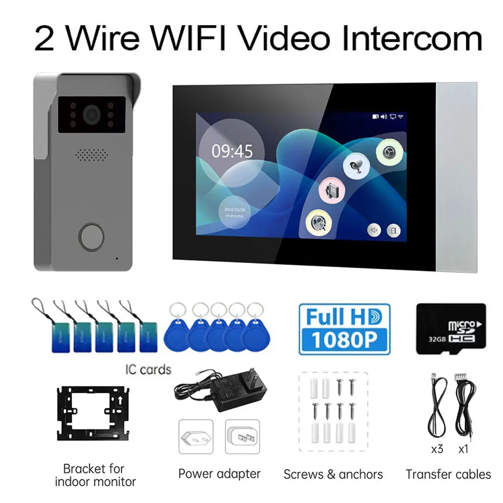 New 2 Wire Video Intercom Video Door Phone Smart Home Tuya Wifi 1080P 2pcs 7'' Color Touch Screen Doorbell Door Security System