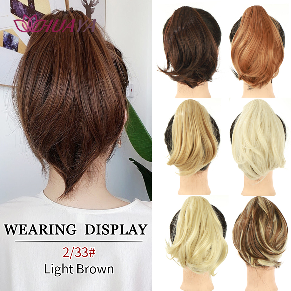 HUAYA-extensiones de cabello de cola de caballo con pinza sintética, pelo falso de cola Natural recta corta para mujer, postizo negro con cola de caballo