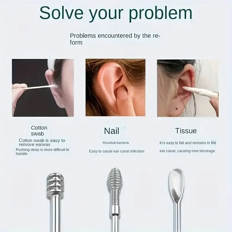 Conjunto de ferramentas para remoção de cera de ouvido, 6 peças, aço inoxidável, espiral, rotativa, colher selecionadora de orelha, para limpeza, coleta de cera de ouvido