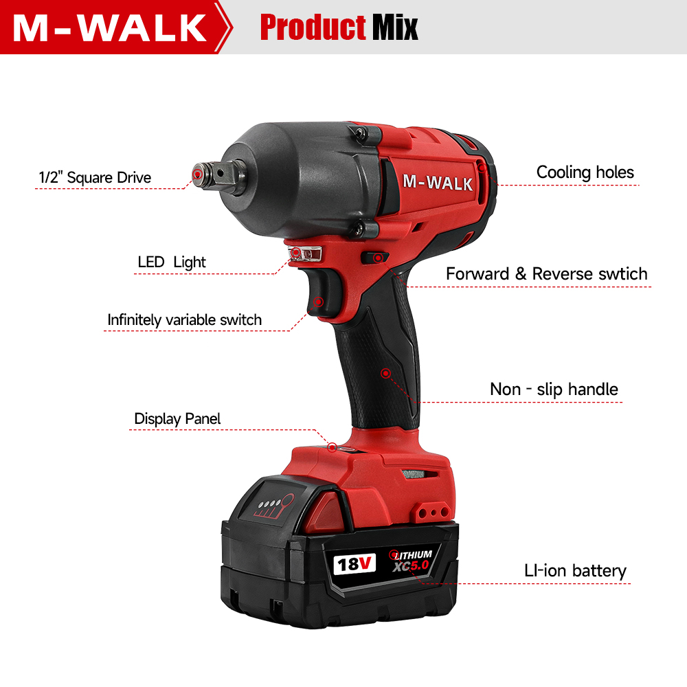 M-WALK Strumento 1300N.M Avvitatore a percussione senza spazzole Chiave elettrica a batteria Cacciavite da 1/2 pollici Utensile elettrico per Milwaukee 18V Batteria Pin