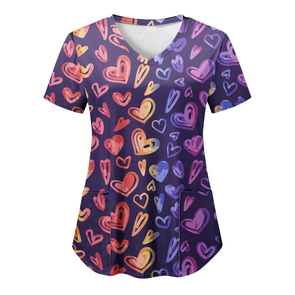 Valentinstag Krankenschwester Uniform Frauen Herz Liebe Druck Medizinische Peelings Arbeiten Kurzarm Uniform Bluse Scrubs Pflege Arbeiten