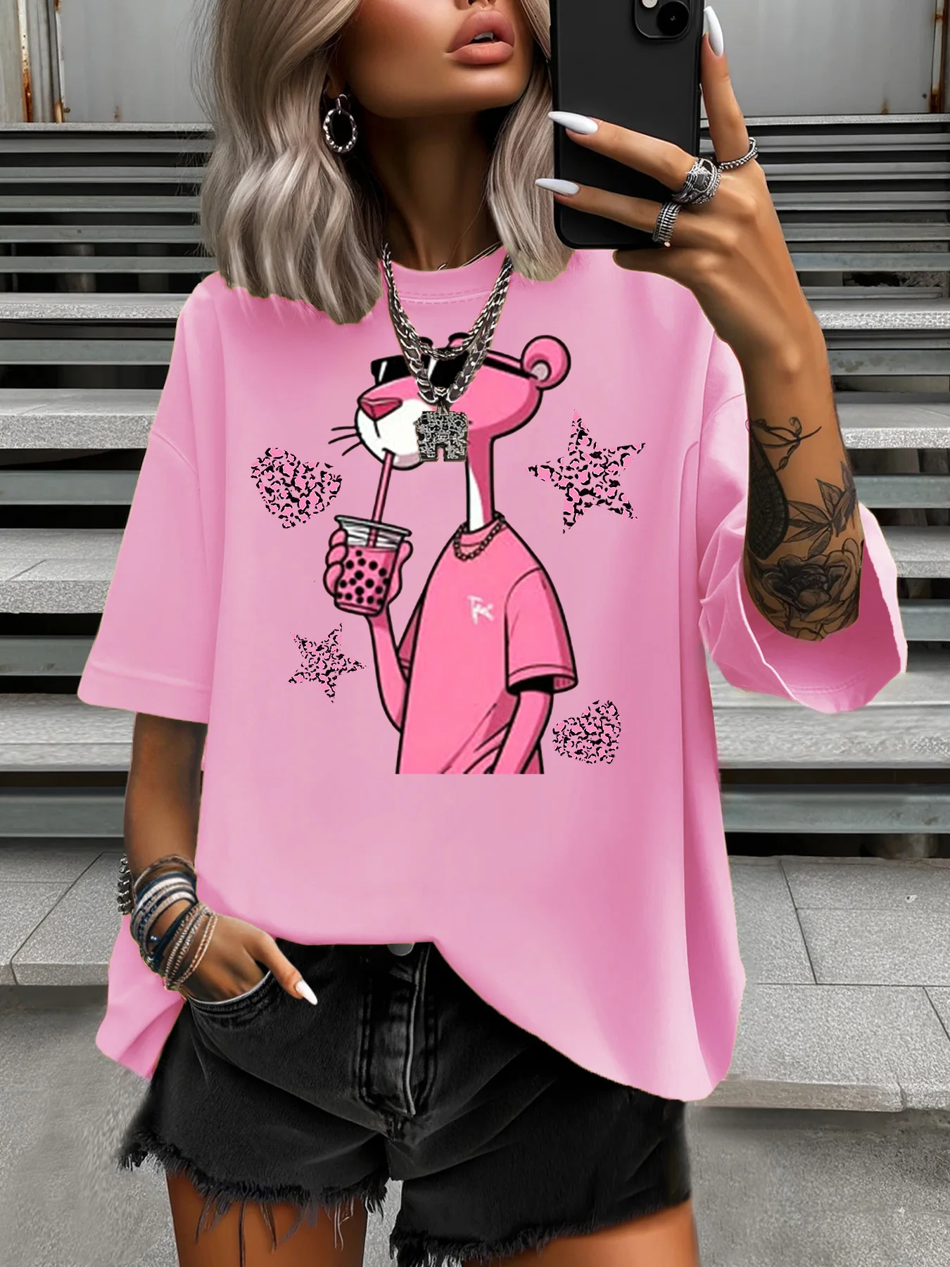 Damen-T-Shirt in Übergröße, originelles Design, modisch, rosa Leopardenmuster, bedruckt, lässig, weich, Rundhalsausschnitt, kurzärmelig