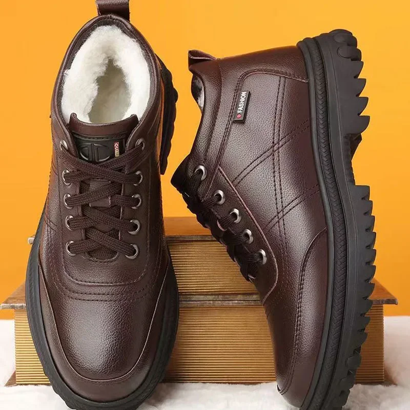 Inverno casual couro masculino sapatos de algodão cor sólida acolchoado engrossado sapatos de algodão quente pele moda sapatos à prova dwaterproof água