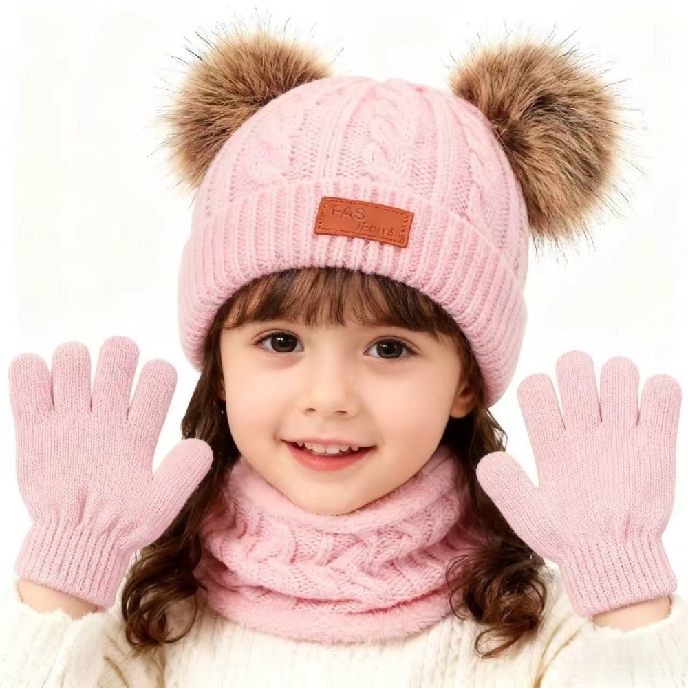 Three-piece Set of Children's Warm Knitted Hat Autumn Winter Children's Scarf Gloves and Double Ball Hat Set for 1-12 Years Old