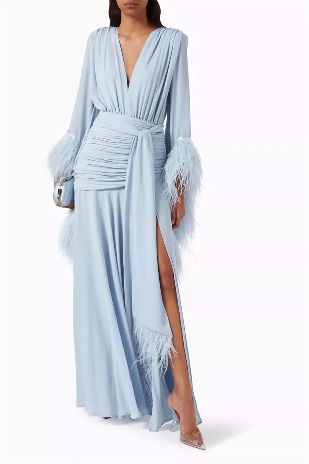 Sansa Customized V-neck Side High Slit A-line Prom Dresses Long Sleeve Elegant Evening Dresses Cascading Ruffle Party Dresses