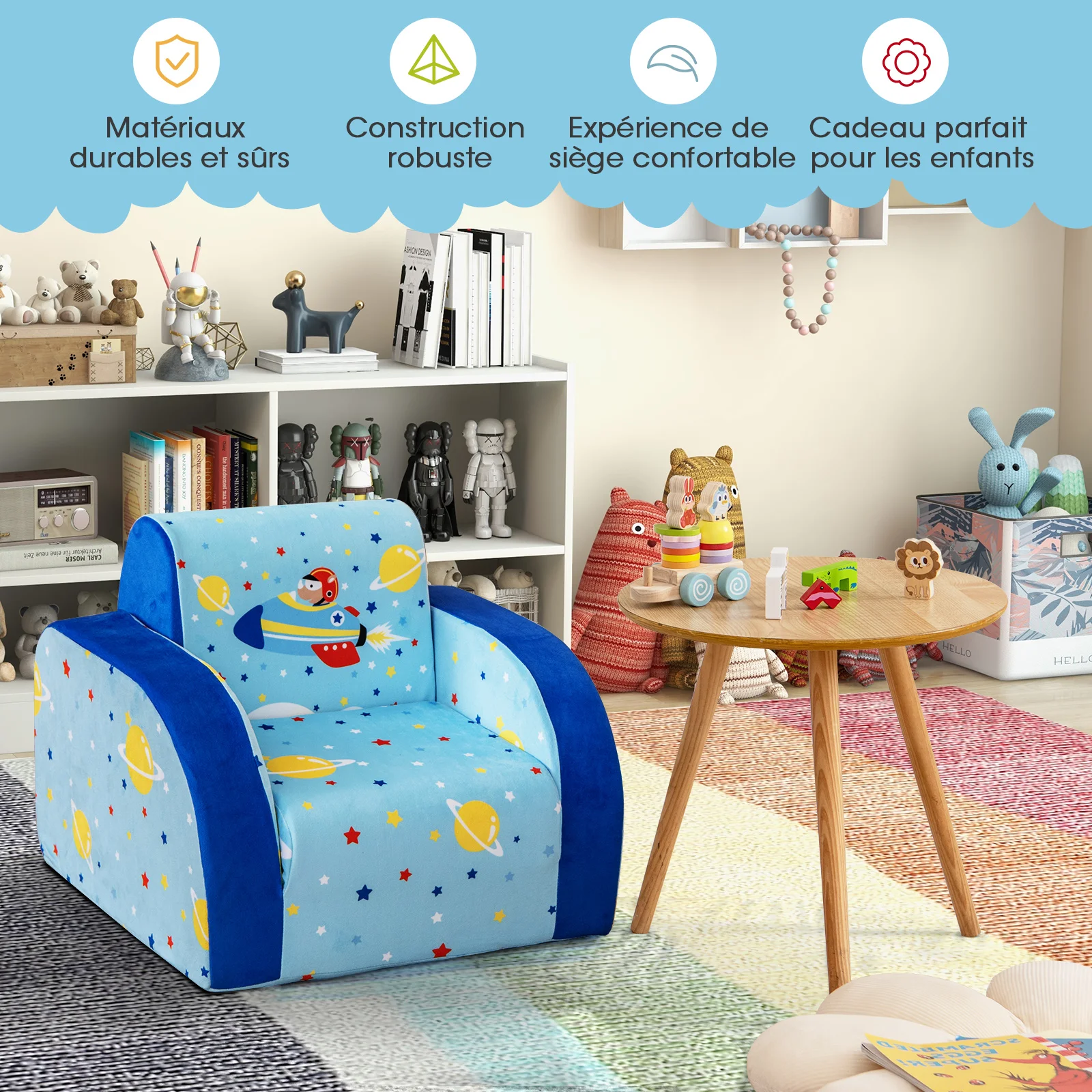 3 en 1 Canapé-Lit Enfant Pliable avec Motif de Planète, Fauteuil Enfant Convertible en Tissu Velours avec Accoudoirs Ergonomique, Housse Amovible & Lavable pour 0-5 Ans