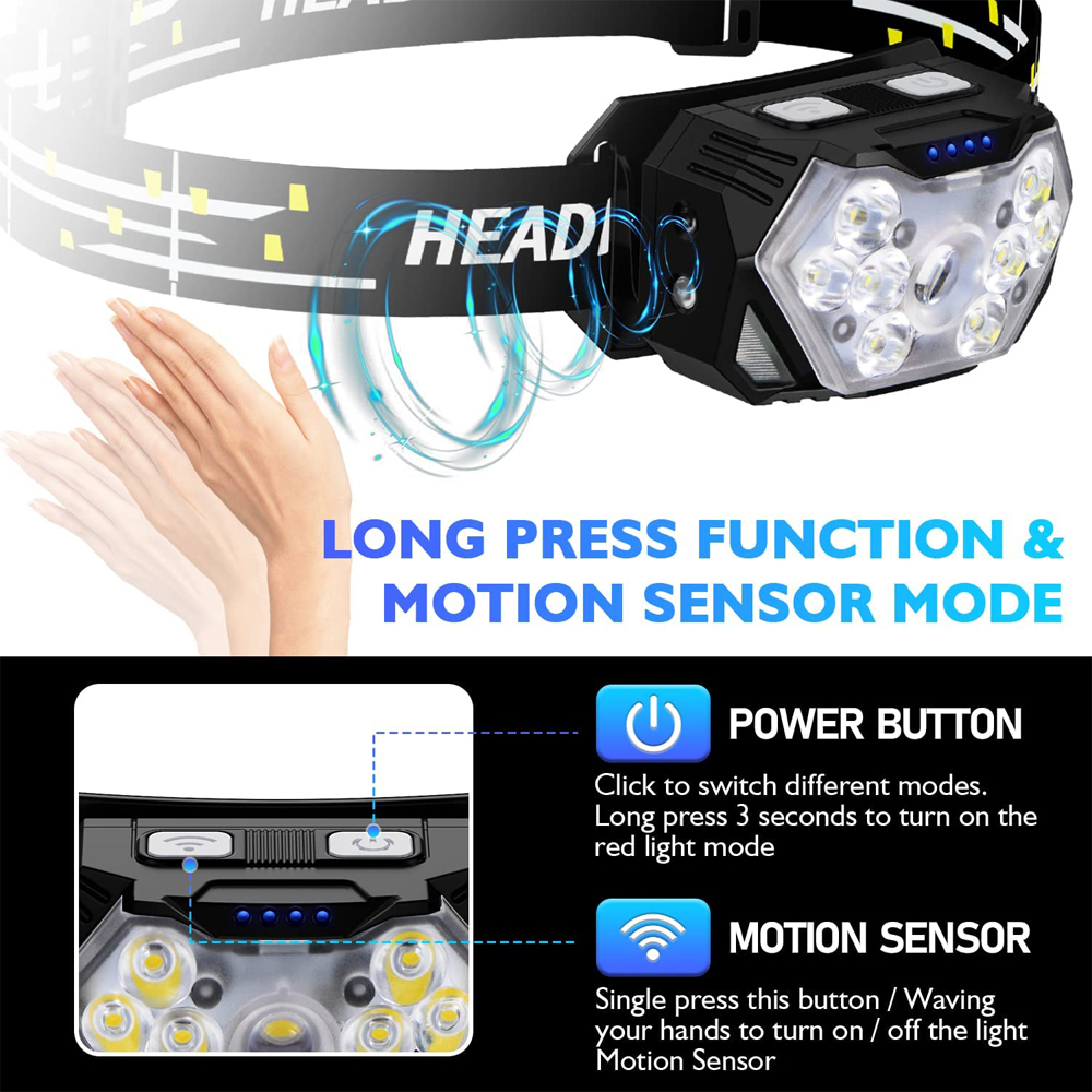 9 led forte luz farol usb recarregável sensor de movimento farol portátil pesca acampamento ao ar livre lâmpada cabeça trabalho lanterna