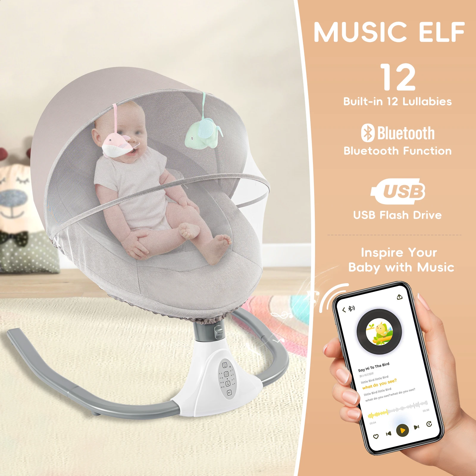 Balançoire électrique pour bébé, videurs à 4 vitesses, berceuses intégrées, fonction Bluetooth, pare-soleil, moustiquaire, télécommande