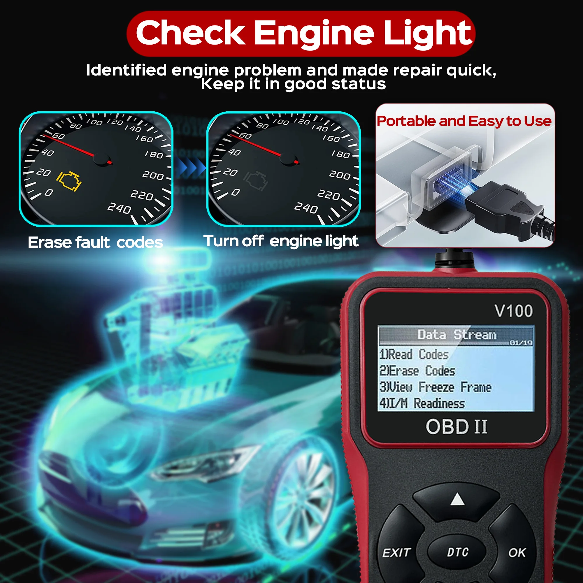 Lector de código de coche, escáner OBD2, escáner de fallos de luz del motor, herramienta de escaneo de diagnóstico de prueba de batería