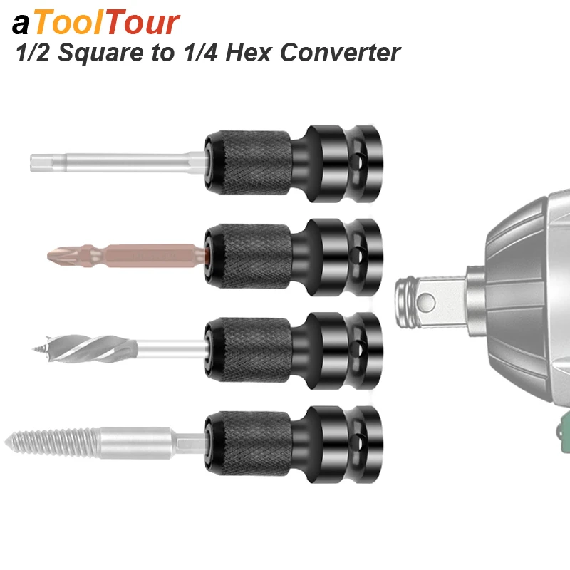 Chave elétrica 1/2 unidade quadrada para 1/4 hex soquete fêmea adaptador chave mandril conversor impacto extensão de ar ferramenta pneumática