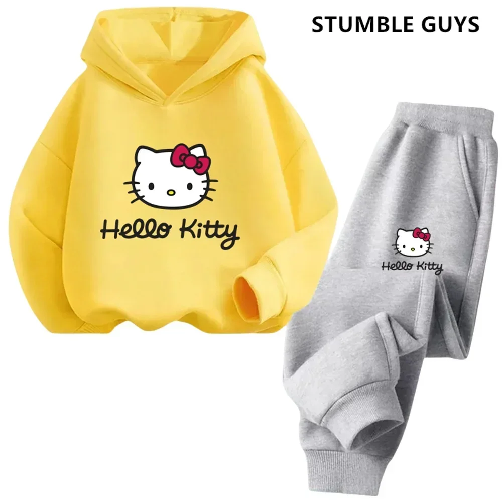 Kawaii Helloキティフーディーセット女の子、アニメパーカー、子供用パンツ、ティーントラックスーツ、幼児服、スポーツスーツ、2個、2022