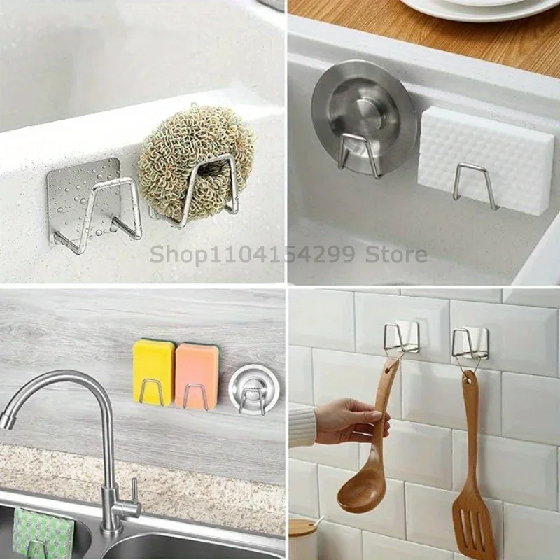 Kitchen Sponges Holder Stainless Steel Sink Sponges Drain Drying Rack Self Adhesive Storage Holder Wall Hooks Kitchen Organizer