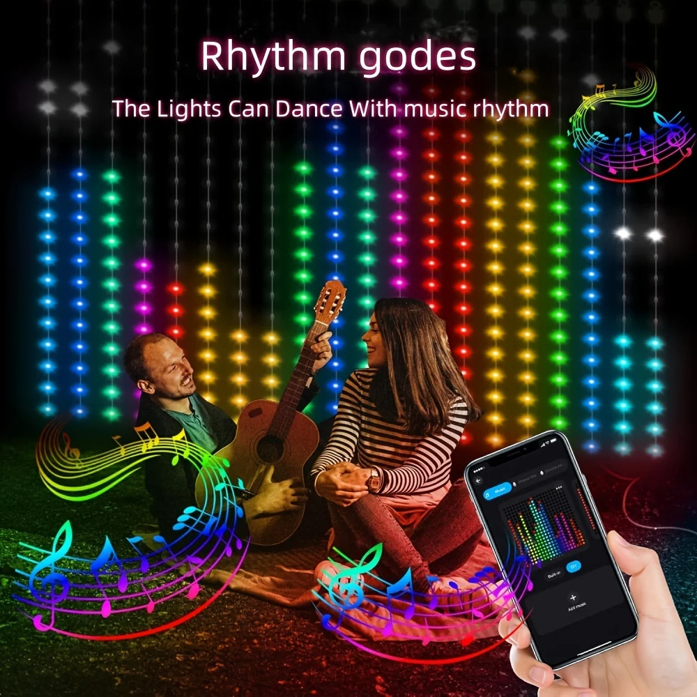 Luces de cortina inteligentes USB, 400LED, Control por aplicación, luces LED que cambian de Color, sincronización musical, luces de cadena DIY para decoración navideña