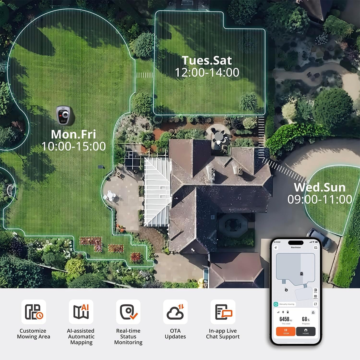 i105N Robot Lawn Mower Perimeter Wire Free 1/8 Acre  Robotic Lawnmower, AI-Assisted Mapping, Virtual Boundary, APP Control