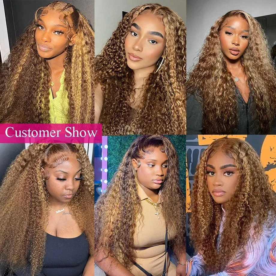 40 นิ้วไฮไลท์น้ําผึ้งสีน้ําตาล Curly ลูกไม้ด้านหน้าด้านหน้ามนุษย์ Wigs 13x6 สี Ombre 13x4 Deep Wave วิกผมลูกไม้ด้านหน้าด้านหน้าความหนาแน่น 200