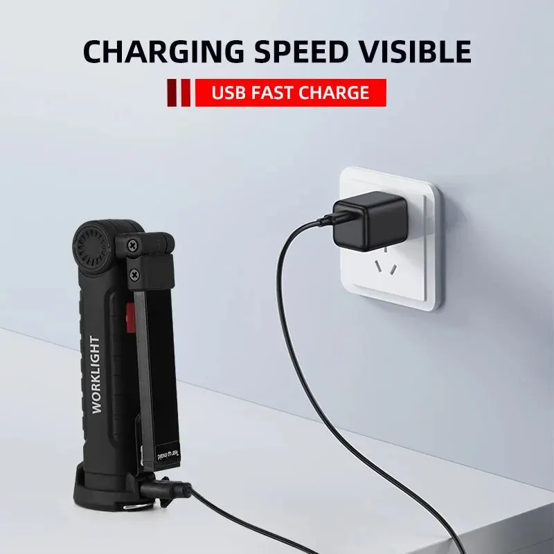 USB 충전식 캠핑 LED 손전등 작업 조명 자석 및 후크 야간 작업에 적합한 방수 조명 모드