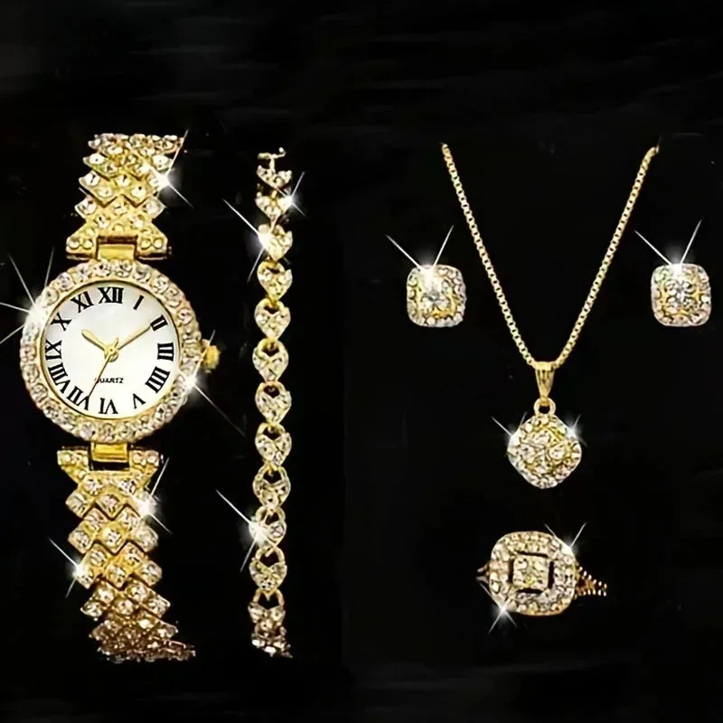 5Pcs/set Fashionable Roman Pattern Diamond Inlaid Quartz Watch for Women's Trendy Business Versatile Luxury Watch Accessories