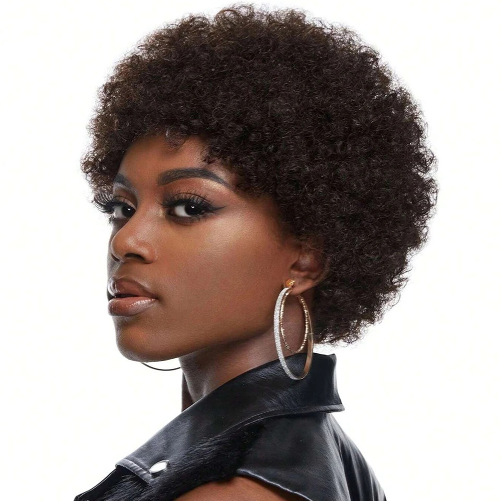Afro Kinky Curly Pixie ตัด Bangs วิกผมผมมนุษย์สีดําธรรมชาติวิกผมสั้นเต็มรูปแบบทําวิกผมธรรมชาติเปลี่ยนวิกผม