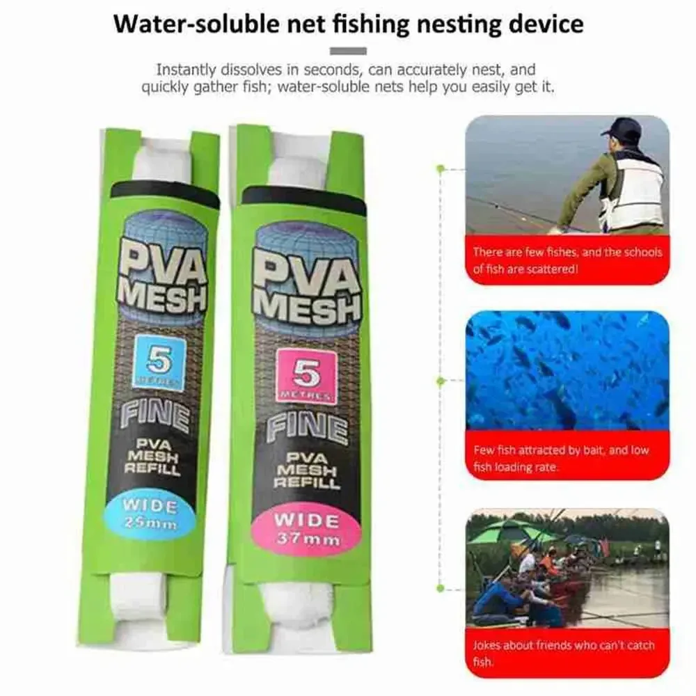 Bolsa de malla PVA Soluble, 5M, recarga de alimentador de carpa, Señuelos de Pesca, aparejo de repuesto, gancho, bolsas para envolver cebo, 25mm, 37mm, accesorios de pesca