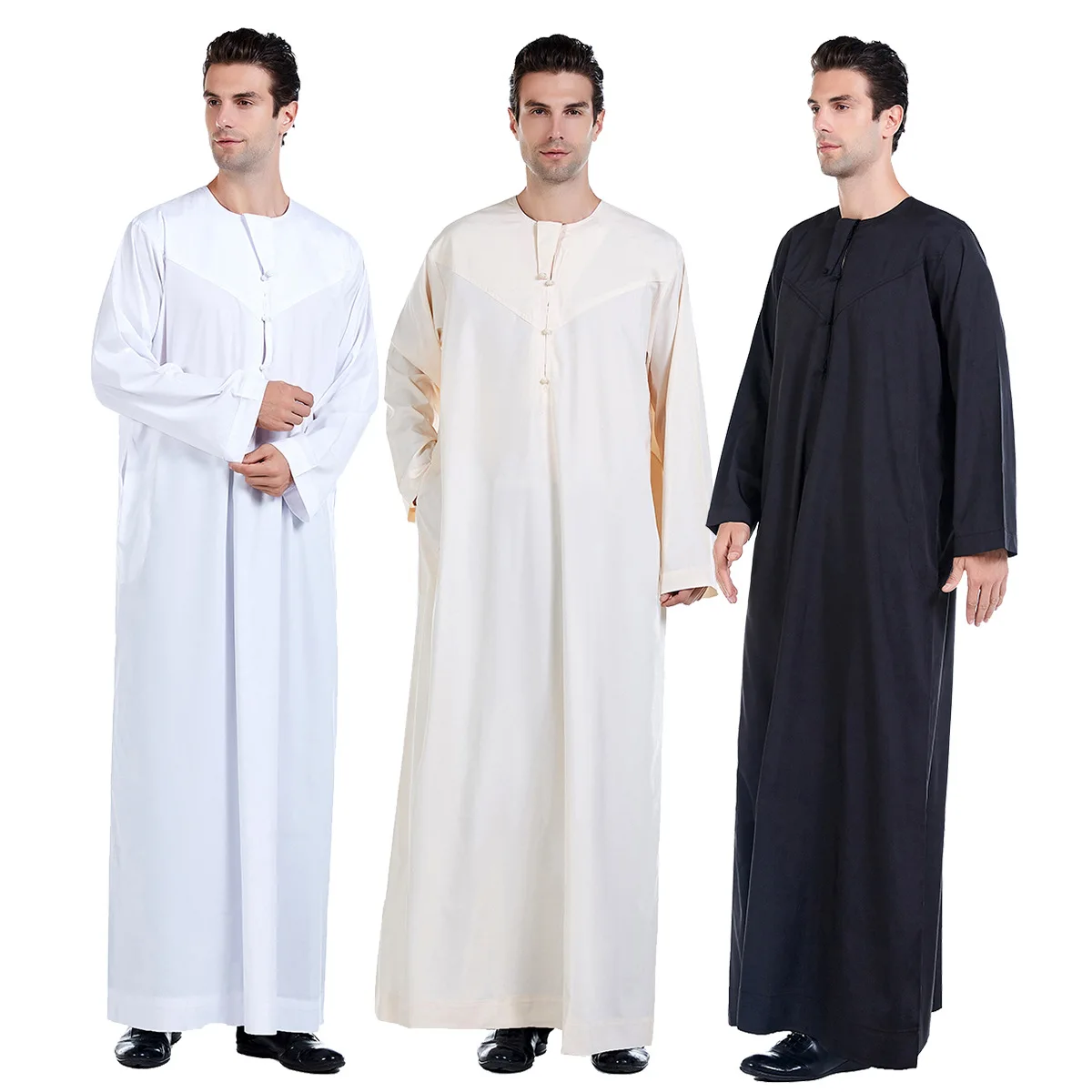 Mężczyźni Abaya Solid Muslim Long Sleeve Button Dress Pakistan Islam Clothing Jubba Thobe Saudi Arabia Kleding Kaftan Oman Qamis Homme