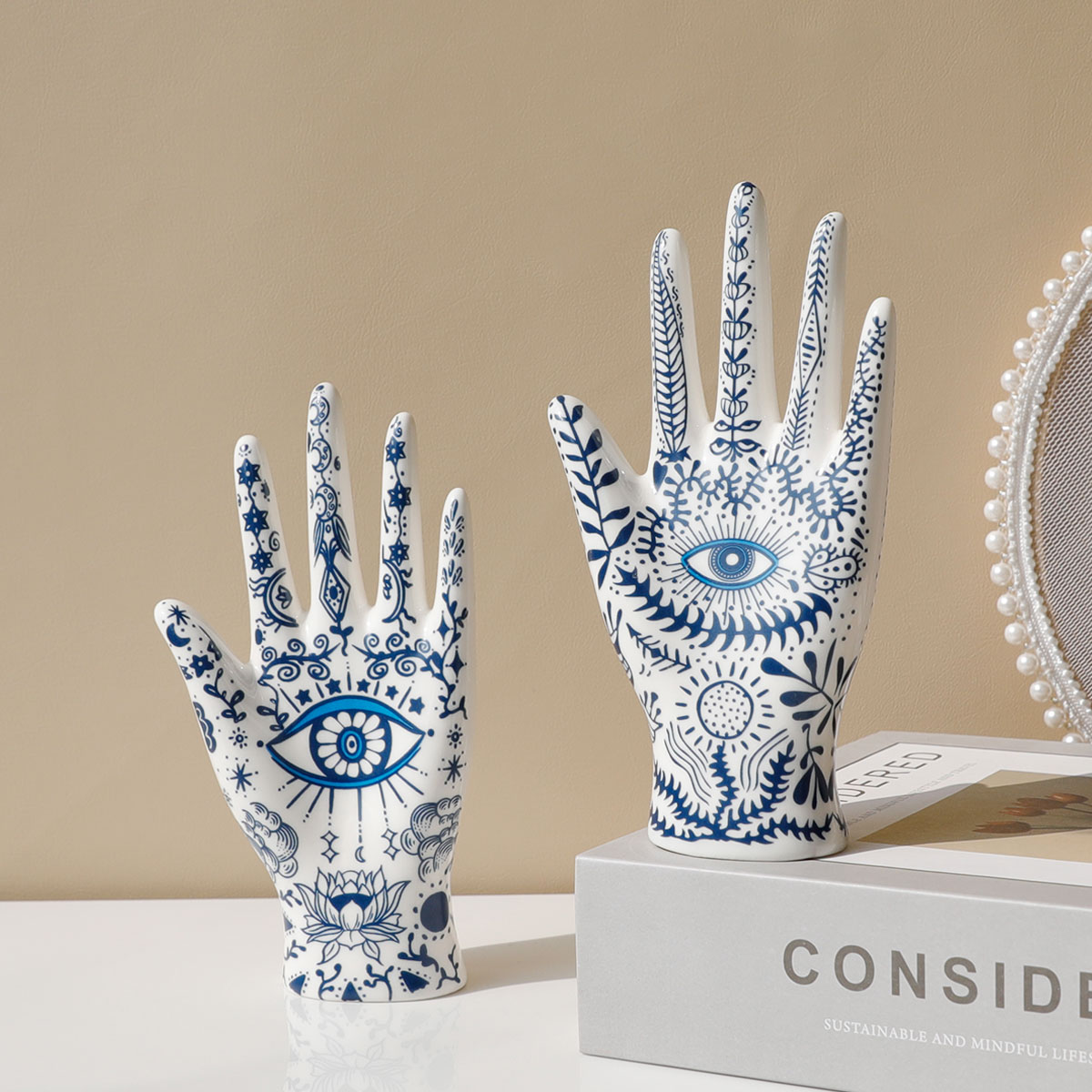 SIQIZHOU Ojo del Diablo de Fátima Soporte de exhibición de joyería Soporte de mano de maniquí de cerámica diseñado para collares, pulseras y anillos