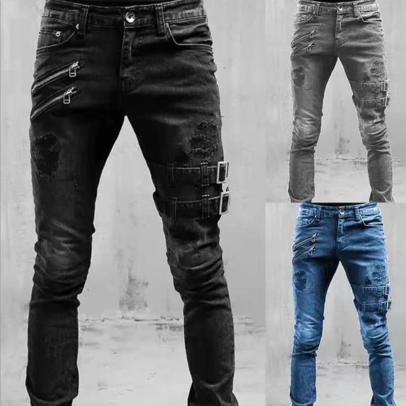 Hombres de cintura alta moda Jean Primavera Verano novio motocicleta ropa de calle pantalones vaqueros casuales ajustados pantalones vaqueros rectos