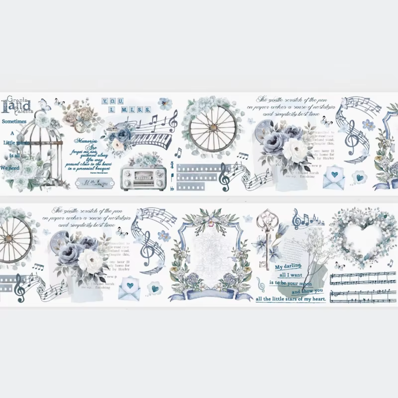 Mr. Paper,200cm/roll, Laser Silver Matte PET Tape, Floral Note Element Sticker, DIY Water Cup Phone Case Scrapbook Decorative