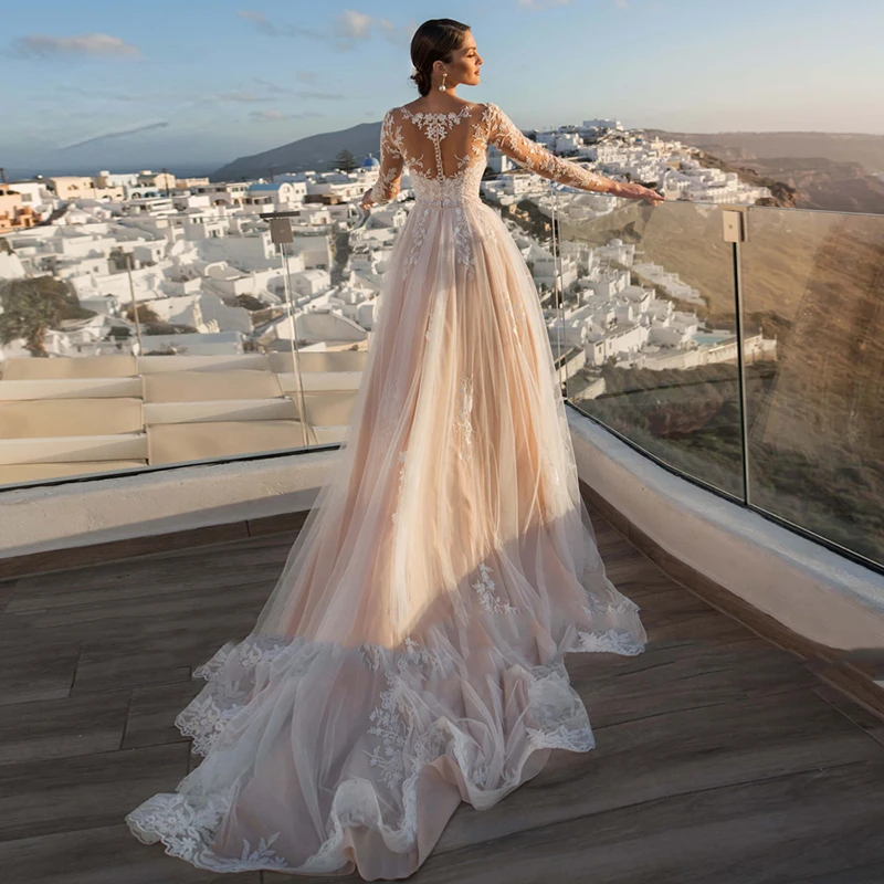 Wunderschönes abnehmbares 2-in-1-Hochzeitskleid mit bestickter Spitze auf Netz und Schleppe, Oneck-Vintage-Brautkleid mit langen Ärmeln, Vestido De Novia