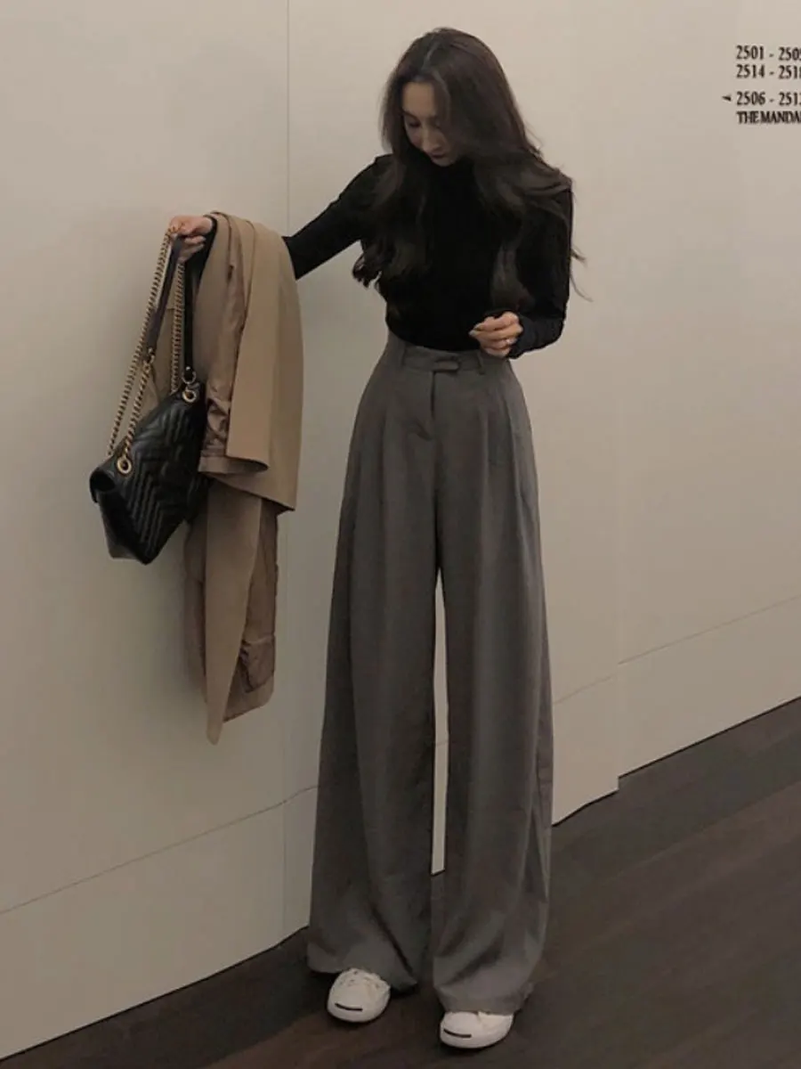 ハイウエストドレープグレーワイドレッグカジュアルパンツ女性の春 2025 痩身ルーズストレートカットズボン韓国スタイルロングパンツ