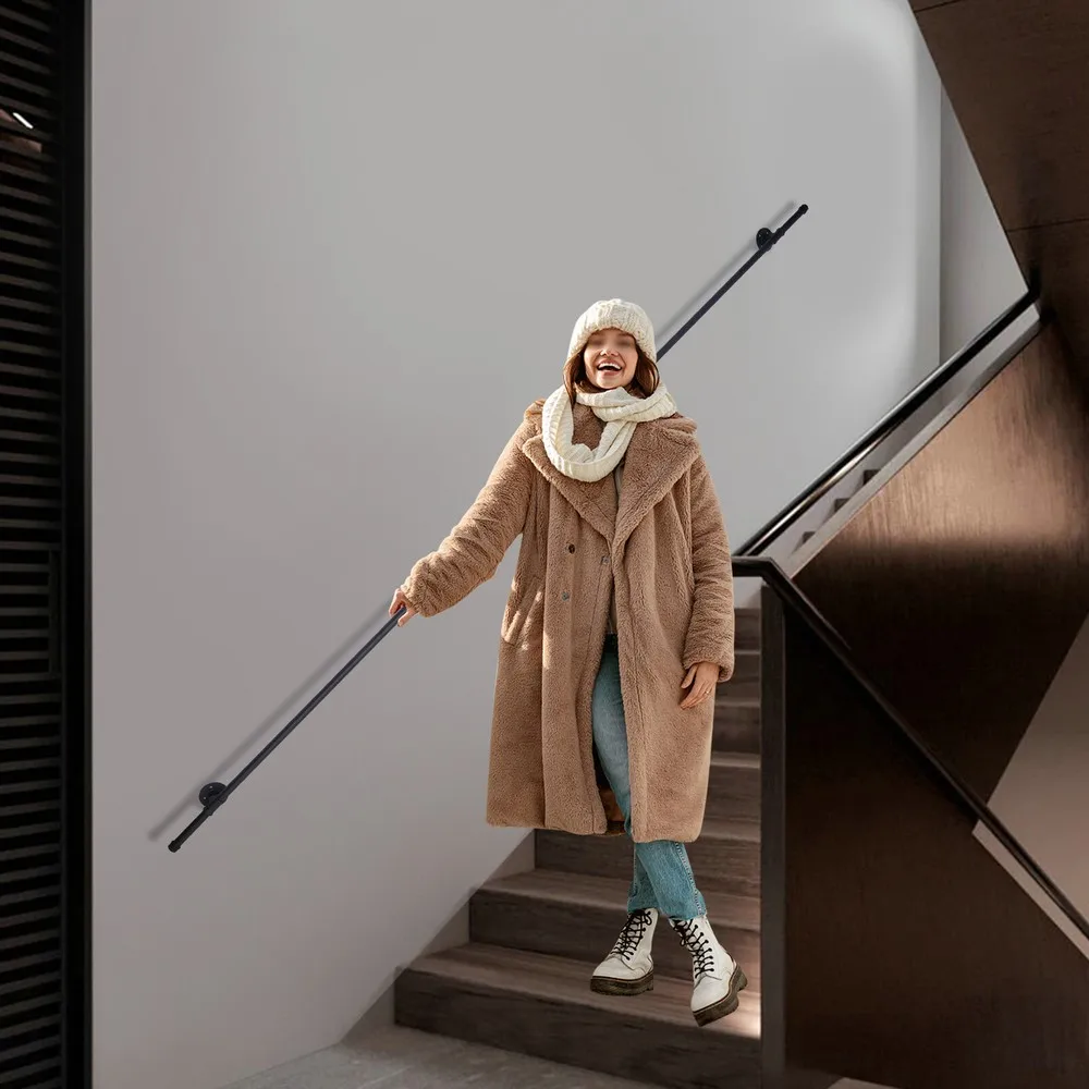 10 FT Staircase Handrail Black with 4 Wall Support Industrial Iron Handrail