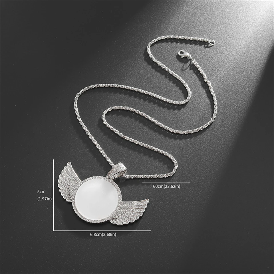 Htpwe ailes d'ange miroir Photo pendentif commémoratif incrusté de cristal de glace zircone collier Couple bijoux à la mode cadeau d'anniversaire