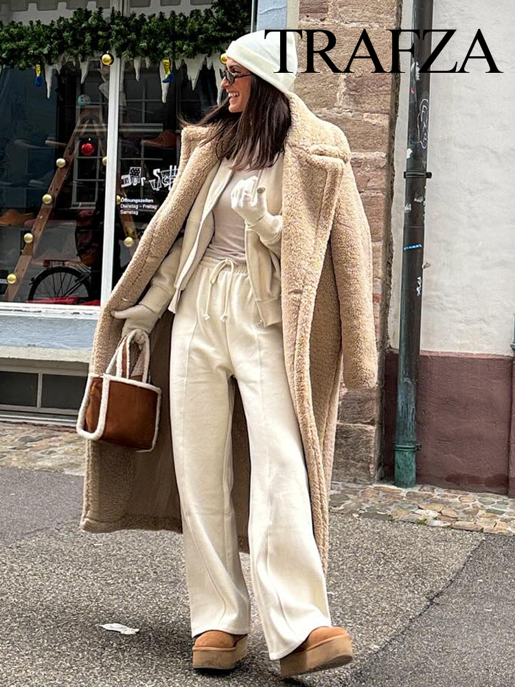 TRAFZA ヴィンテージテディロングコート女性秋冬ラペルシックな長袖ダブルブレストビッグジャケット女性ストリートブレンドオーバーコート