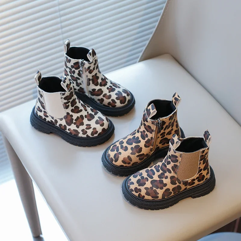 Botas clássicas com estampas de leopardo para menino e menina, ankle boots clássicas com zíper lateral, borracha, respirável, quente, unisex, moda