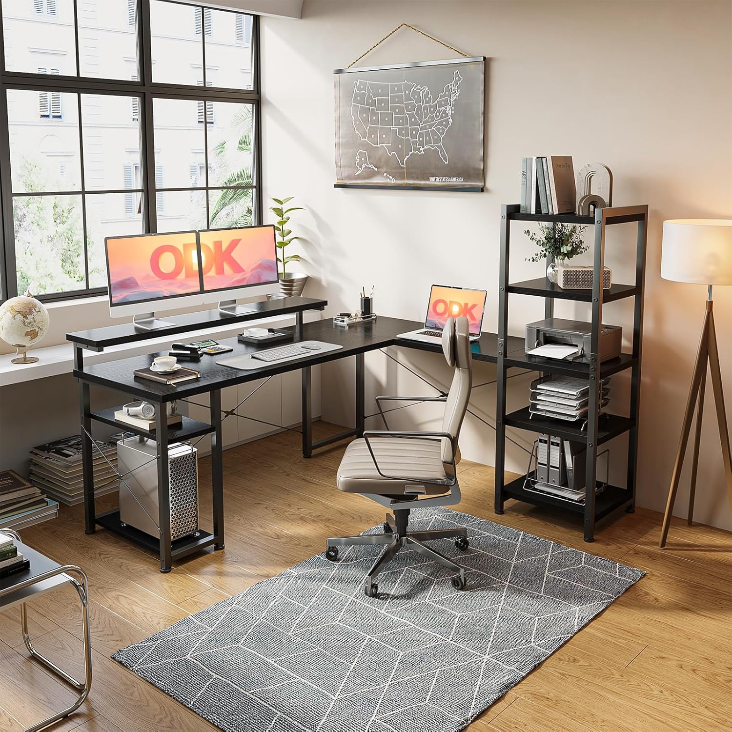 Réductions à durée limitée--ODK Bureau avec Étagère, Bureau en L avec Support de Moniteur Long, Noir 155×140cm