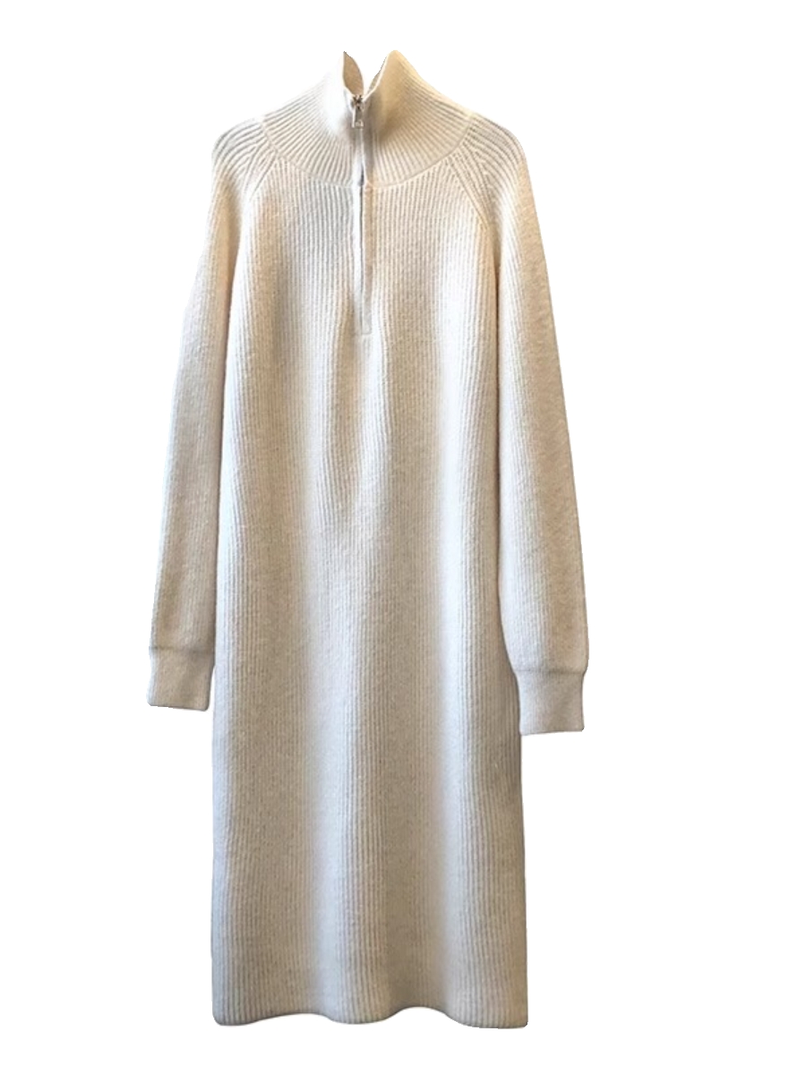 ジッパーポロネックニットドレス女性の秋冬厚手長袖マキシドレスストレート H 字型韓国スタイル通勤ドレス