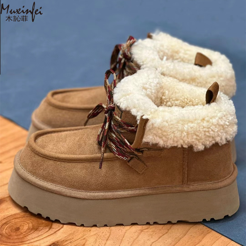 2025 Winter New Snow Boots Thick Bottom Fukara Strap Sheepskin and Fur Integrated Snow Boots Wool Strap Short Boots