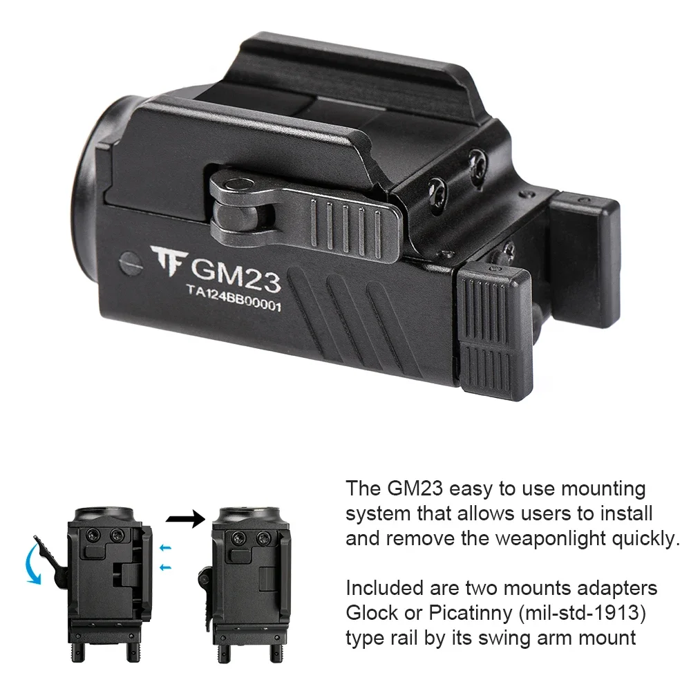 TrustFire GM23 Tactical LED Flashlight 800 Lumens GL0ck Light Rail Mounted USB Rechargeable Torch