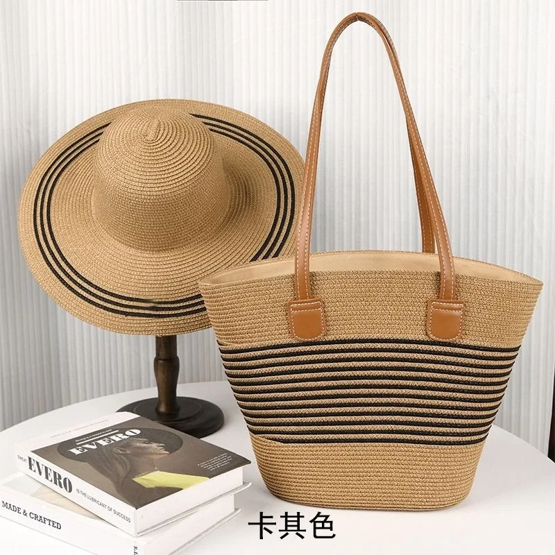 Set di borse e cappelli in paglia di grande capacità più venduto, borsa tote da esterno, cappello da sole alla moda